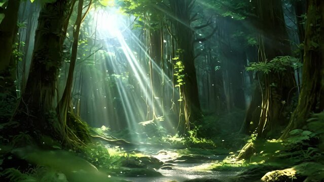 Mysterious beams of light trate the lush foliage of the mystical forest providing Fantasy art concept.