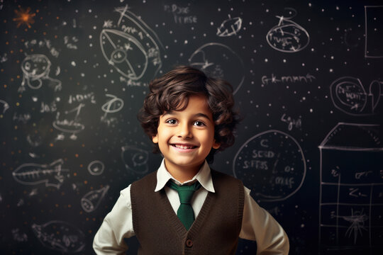 little boy standing over blackboard background