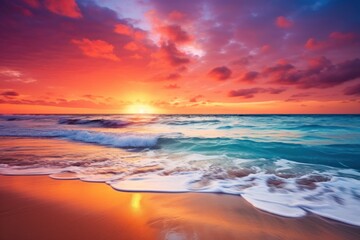 Serene beach scene at sunset, with vibrant colors in the sky and calm ocean waves.