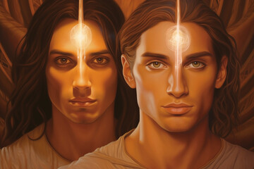 Deux beaux jeunes hommes, sans doute deux frères, sont illuminés de l'intérieur par une énergie brillante, symbole d'une conscience développée et de leur éveil spirituel - obrazy, fototapety, plakaty