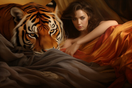 Jolie jeune femme brune dormant dans son lit avec un tigre domestique, symbole de féminité sauvage, désir sexuel et libido débridée et agressive
