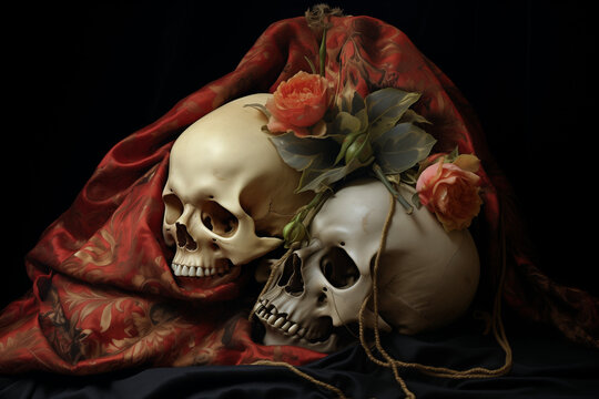 Un couple de cr&acirc;nes dans un linceul d&eacute;cor&eacute; de deux roses, morts du couple, question du veuvage et du deuil du partenaire amoureux, perte de l'&ecirc;tre cher et aim&eacute;