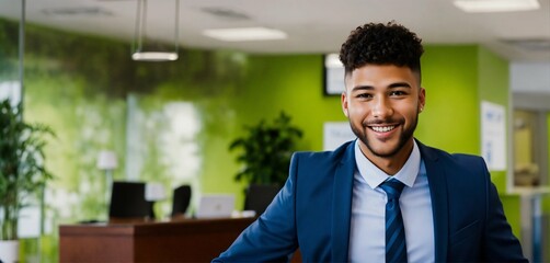 a happy young male employee in suite, welcoming a customer in his insurance agency.