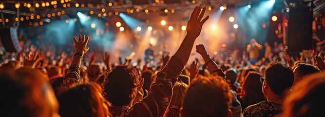 A raucous music festival with an eerily familiar audience assembles in front of a brightly illuminated stage at night for the main event. 
