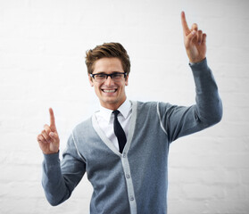 Man, happiness and pointing with hand, worker and professional in corporate clothes, fashion or...