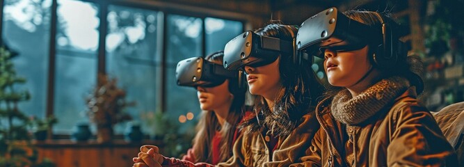 Asian family using virtual reality headsets while lounging on the sofa in the living room, enjoying games and innovative technology.  - obrazy, fototapety, plakaty