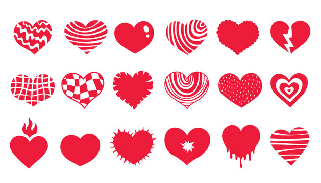 Red doodle heart shapes vector set. Collection of various hand drawn love symbols and signs for wedding and Valentines day design, greeting card, print, stickers.