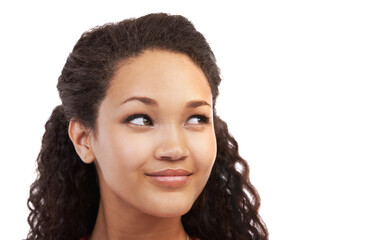 Happy woman, space or thinking of skincare in studio with choice, decision or brainstorming ideas....