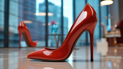 Red high-heeled shoes in the display window. Generative AI.