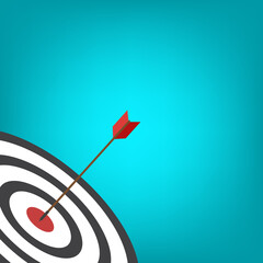 Red arrow hits the target center. Business challenge failure and success concept.	