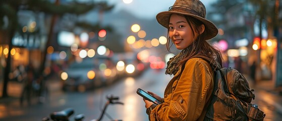 Asian girl grinning and wearing a helmet while holding a smartphone discuss business while riding a bicycle to the office.