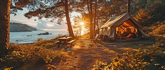 campground near the beach, A tent in the summer sun with empty chairs and a picnic table. Enjoy the outdoors, quality time with family, and the splendour of nature to find happiness. .