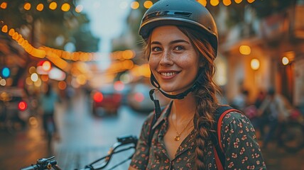 Asian girl grinning and wearing a helmet while holding a smartphone discuss business while riding a bicycle to the office.