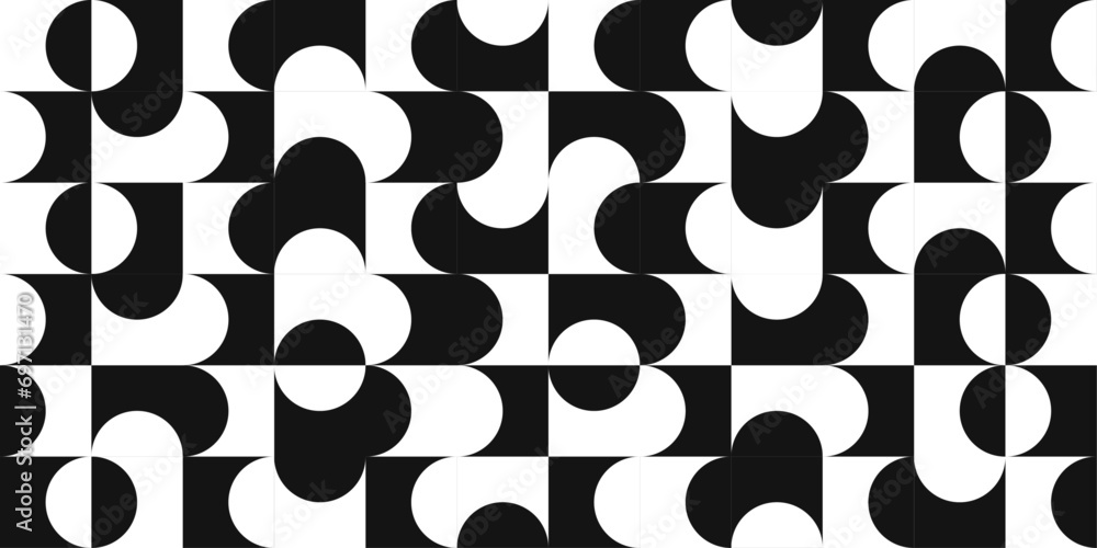 Poster Black and white pattern of checkers and roundness. Seamless pattern of semicircles in black and white.