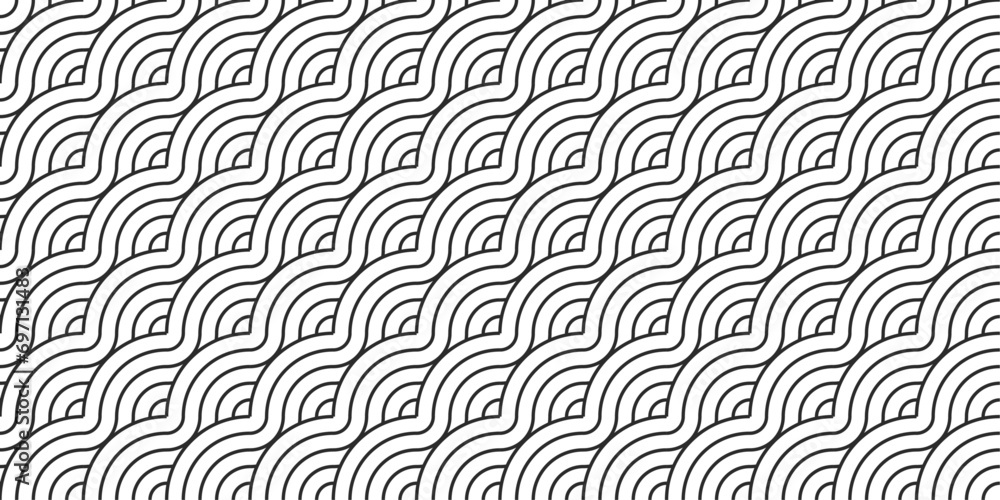Leinwandbilder Monochrome pattern of circles and lines. Seamless black and white pattern of circles connected in diagonal waves.