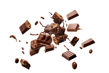 Various types of chocolate falling with choc flake in the air isolated on transparent background, dessert sweet concept, piece of dark chocolate. - obrazy, fototapety, plakaty