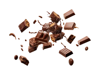 Foto op Plexiglas Various types of chocolate falling with choc flake in the air isolated on transparent background, dessert sweet concept, piece of dark chocolate. © TANATPON
