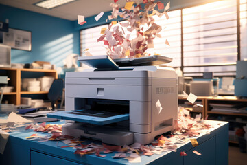 The printer throws away paper in a bright office. Generative AI.