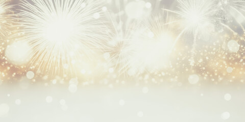 Fototapeta na wymiar Bright white and gold fireworks at New Year with copy space. comeliness.
