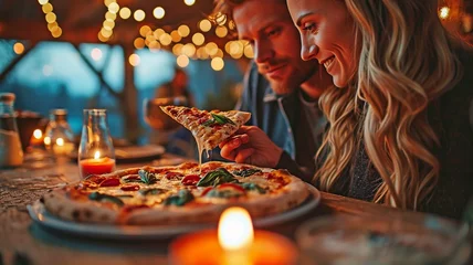Foto op Aluminium At-home couple enjoying a piece of pizza. © tongpatong