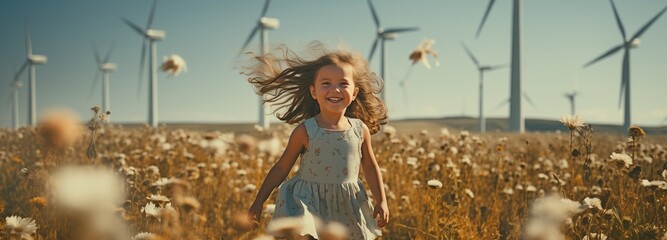 Adorable little kid running with pinwheels in front of windmills. Fun educational graphics about wind energy that show the production of clean electricity in a calm sky. - obrazy, fototapety, plakaty