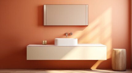 A minimalist bathroom basks in a warm glow against peach fuzz walls, the floating vanity offering a sleek, modern touch.