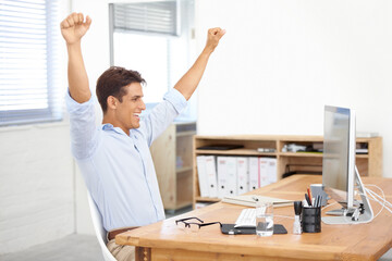 Happy businessman, fist pump and celebration for winning, success or bonus promotion at office....