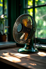 Simple fan in operation in a room with natural light. Heat in summer. Climate change concept.