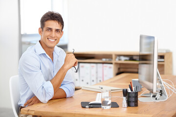 Web design, portrait or happy man with computer for IT support with technology for project or...