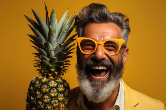 Summer fun, Joyful smiling man holding a pineapple in front of his face on yellow background. Generative AI.