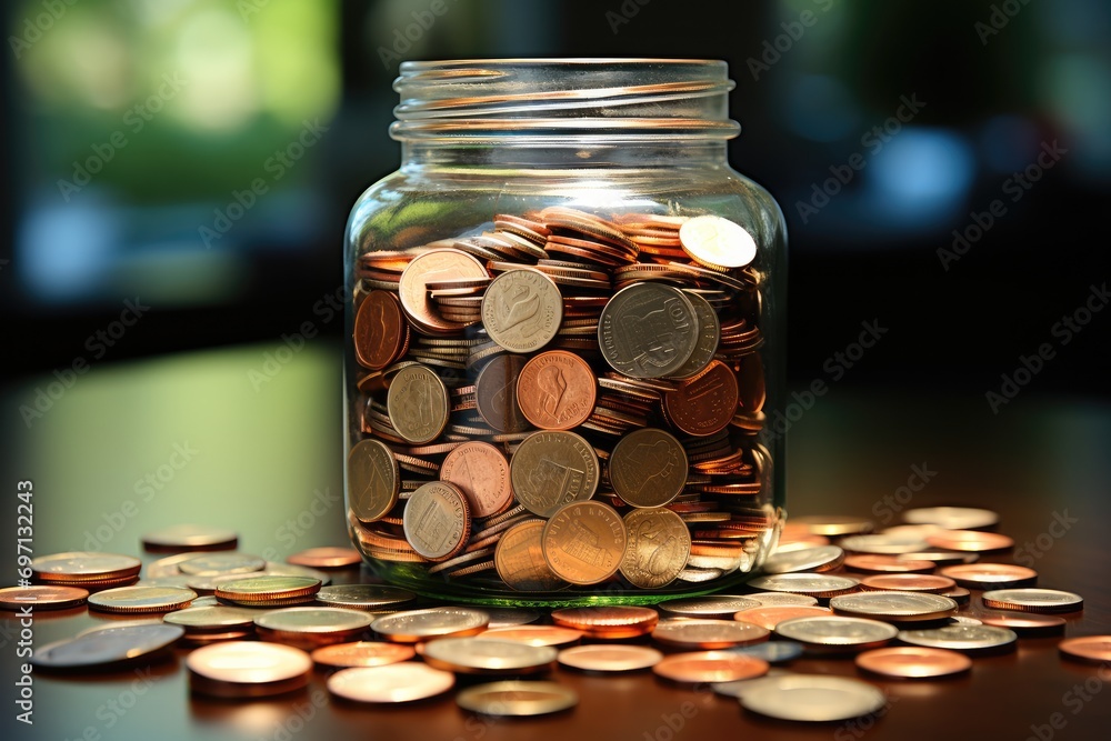 Poster putting a coin into bank with coins pile. generative ai.