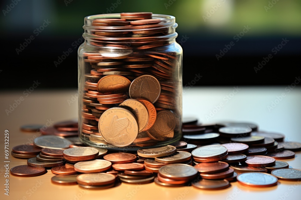 Aufkleber putting a coin into bank with coins pile. generative ai.