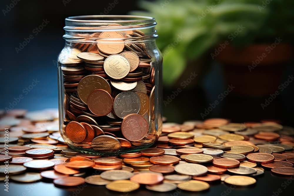 Poster putting a coin into bank with coins pile. generative ai.