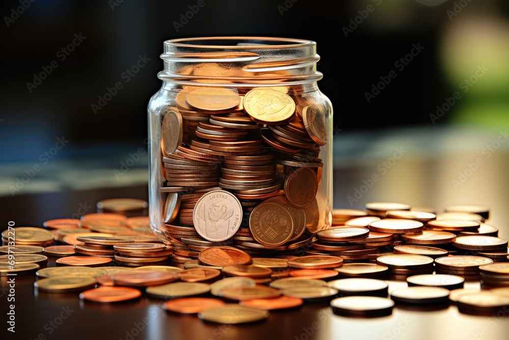 Poster putting a coin into bank with coins pile. generative ai.