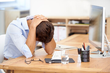 Frustrated businessman, headache and mistake in stress, burnout or fatigue by computer at the...