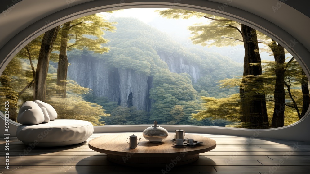 Poster tranquil meditation space with a view on the forest. generative ai.