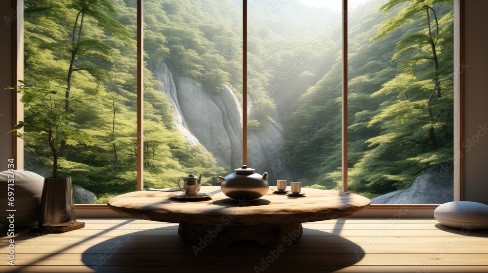 Aufkleber tranquil meditation space with a view on the forest. generative ai.