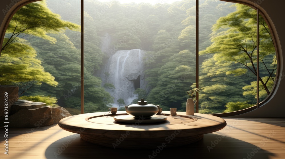 Poster tranquil meditation space with a view on the forest. generative ai.