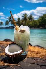 Cocktail in fresh coconut at beach. Generative AI.