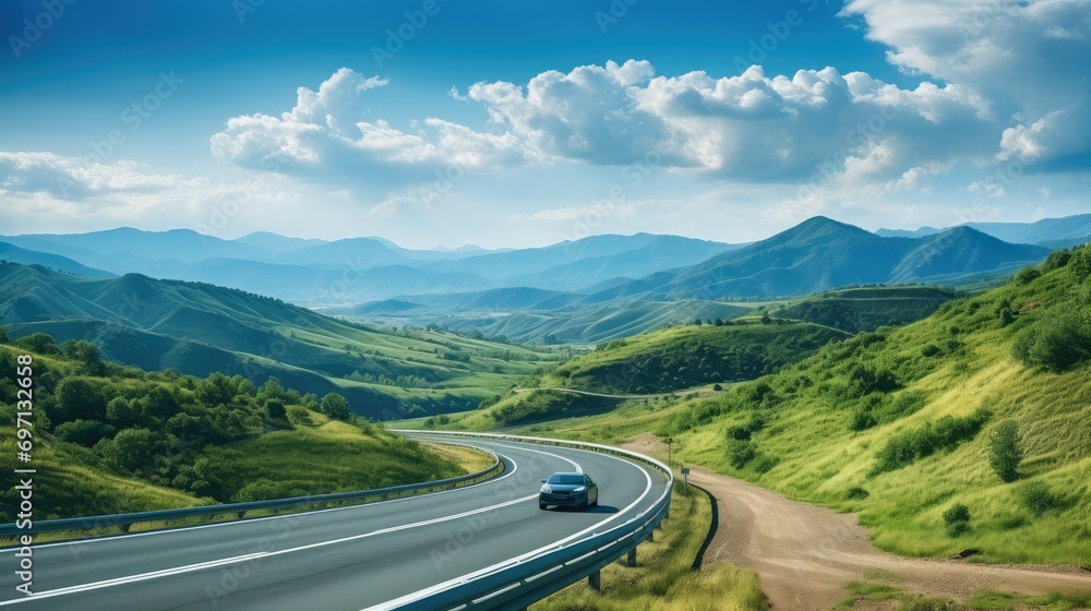 Poster beautiful curve asphalt road on the green mountain with more clouds on mountain and blue sky backgro