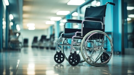 Wheelchairs in the hospital, Wheelchairs waiting for patient services. Generative AI.