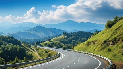 Beautiful curve asphalt road on the green mountain with more clouds on mountain and blue sky background. Generative AI. - obrazy, fototapety, plakaty