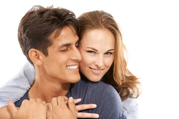 Happy couple, face and hug for love, care or compassion in trust or embrace on a white studio background. Handsome man and young woman smile for romance, affection or relationship together on mockup