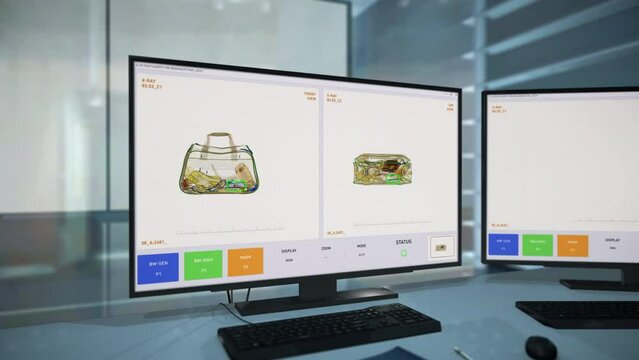 Luggage Bag X-ray Scan Via Airport Protection System. Advanced Protection System Checking Prohibited Items At An Airport. Protection System Inspection On A Security Software Program.