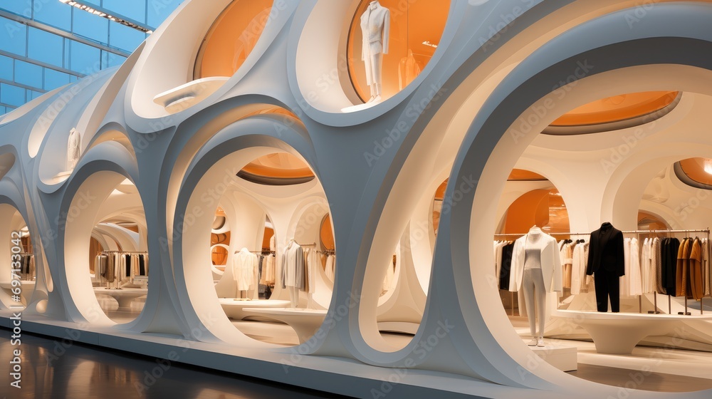 Poster A box inspired structure clothing store in the corner of the circle with a center huge structure, Modern Styles. Generative AI.