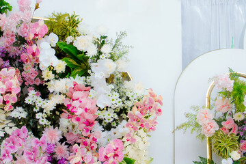 flower arrangements as a backdrop for wedding celebrations in Indonesia.