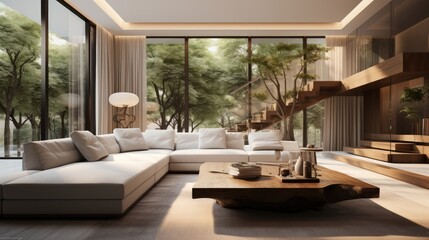 Modern villa, Open space with a corner sofa and a coffee table. Generative AI.