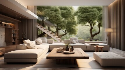 Obraz premium Modern villa, Open space with a corner sofa and a coffee table. Generative AI.