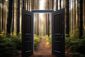 Modern doors in forest, Doors with wood texture. Generative AI.