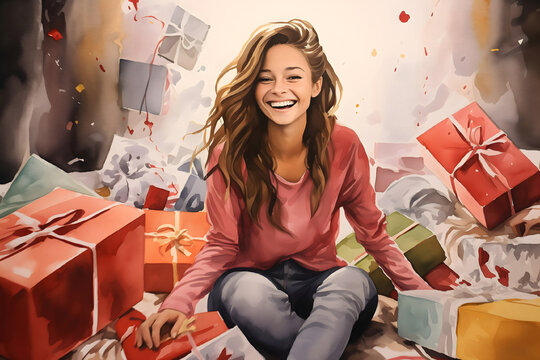 A happy laughing girl painted in watercolor among a large number of colorful gift boxes, gifts, confetti